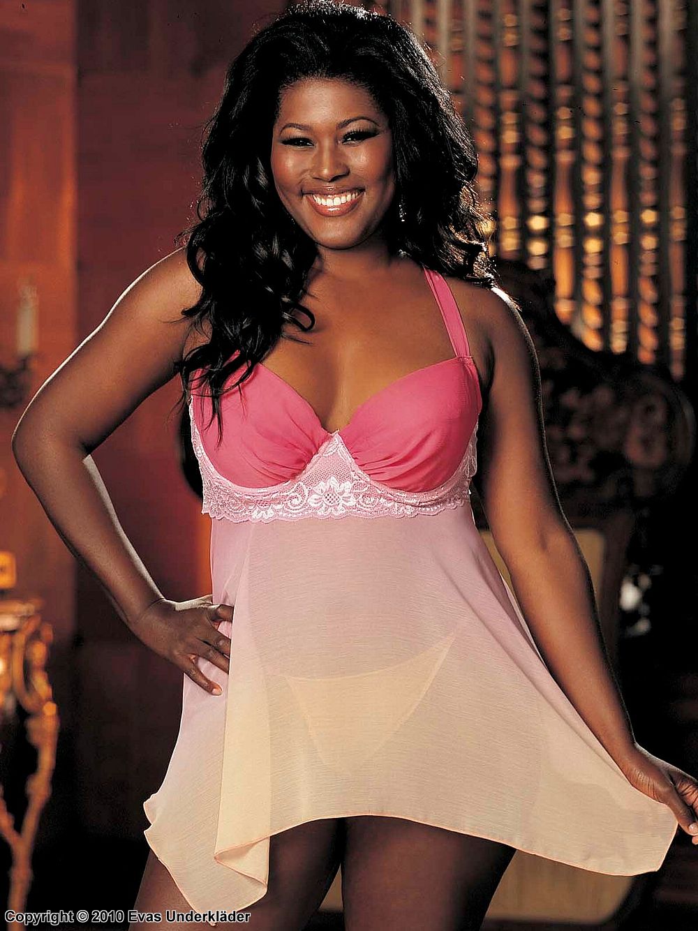 Babydoll in chiffon with lace bodice, plus size